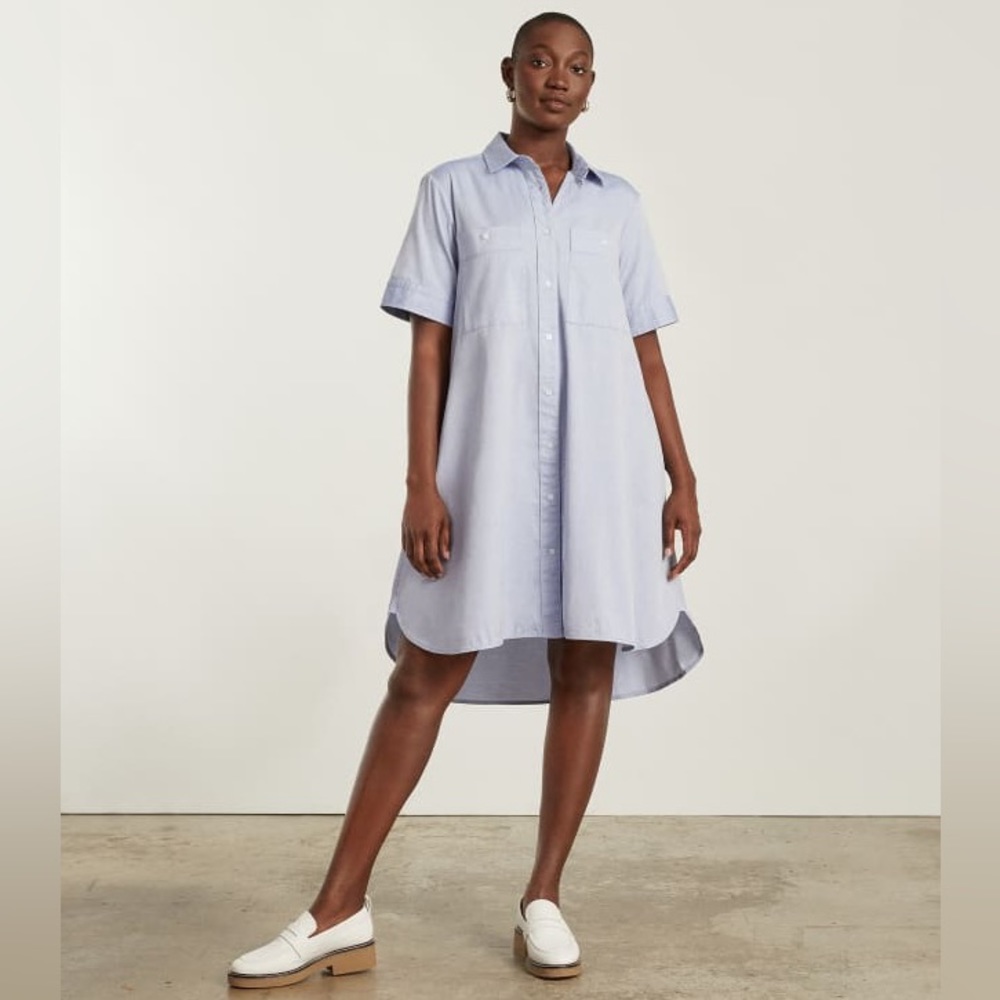 Everlane Daytripper Shirtdress Button Front Chest Pockets Hi Low Hem Blue S NWT